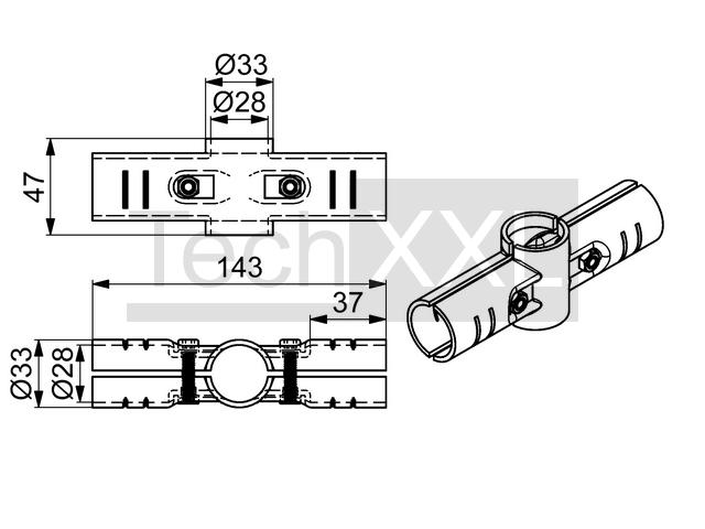 Basis connector D28, zwart, 2-sided 180°, moeilijk wie HRS200D28GV2S180SCHS